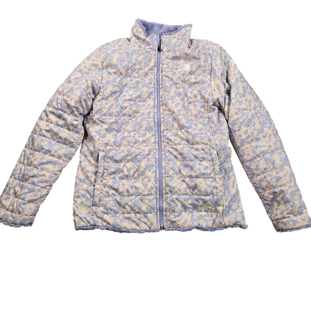 The North Face Jacket Girls XL 18 Purple Reversible Fleece Puffer Floral Zip